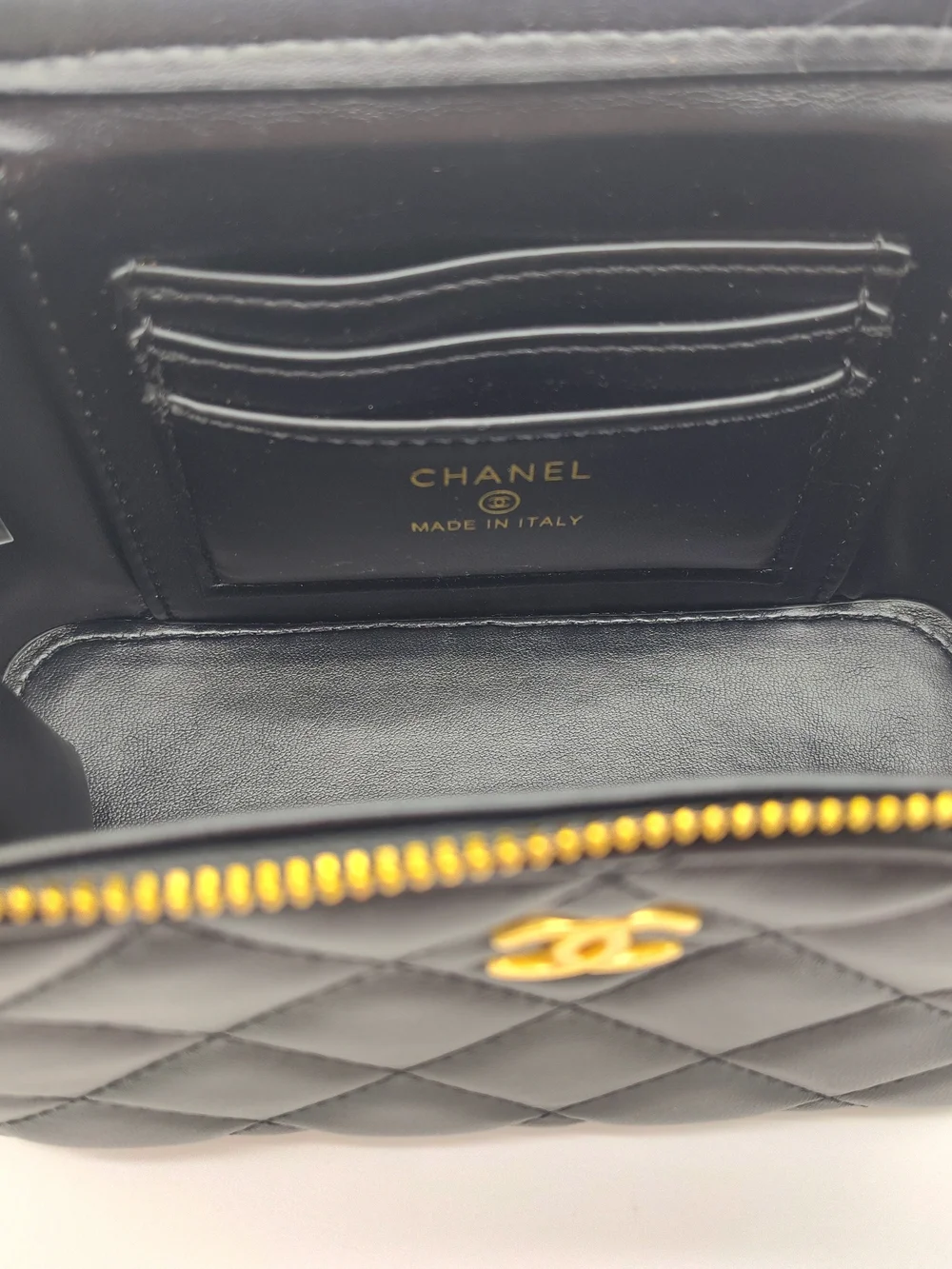 CHANEL Black Quilted Mini Vanity Bag with Gold Hardware